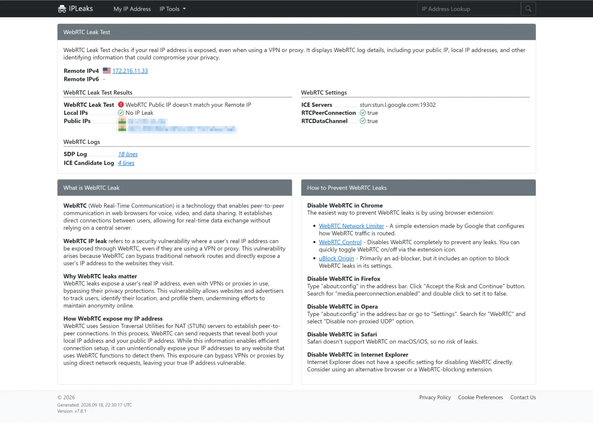 IPLeaks browser leak test for WebRTC connections